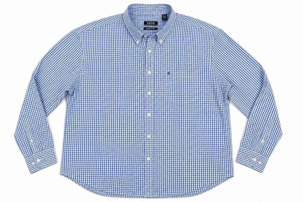 IZOD Shirt Mens Regular Fit 2XL XXL Blue White Check Gingham Long Sleeve Collar